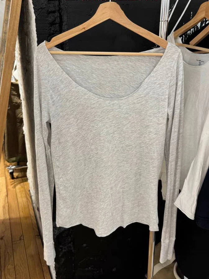 Simple Basic Raw Trim Thin Slim Long Sleeve T-Shirts Women Autumn Sexy Scoop Neck Cotton T Shirt Female Vintage Casual Tees Y2K