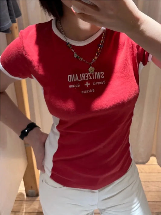 Red Patchwork White T-shirts Women Summer New Cotton Letter Embroidery Short Sleeve Tees Vintage Sports Preppy Style Top Tshirt