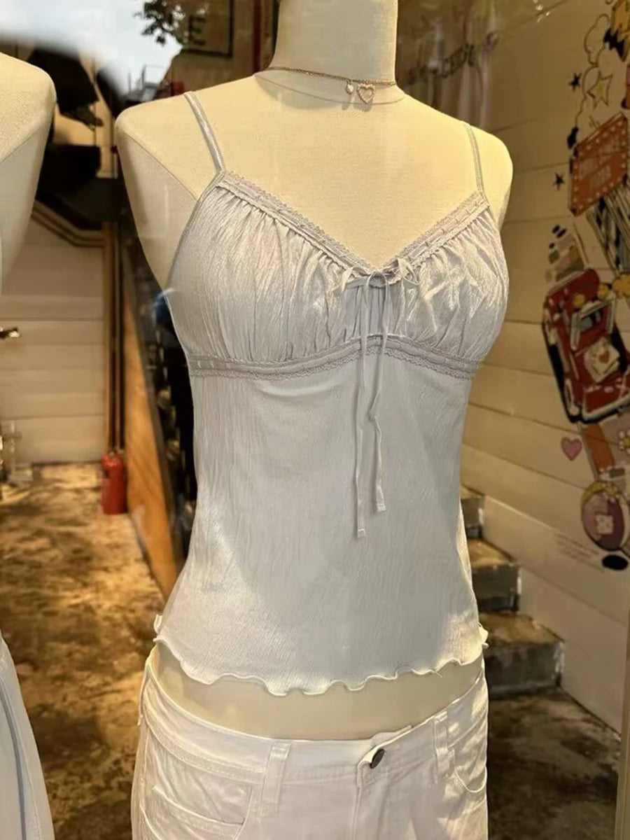 Gray Folds Lace-up V-neck Tank Tops Women Summer Casual Lace Cotton Slim Sleeveless Vests Sweet Cute Preppy Style Camisole