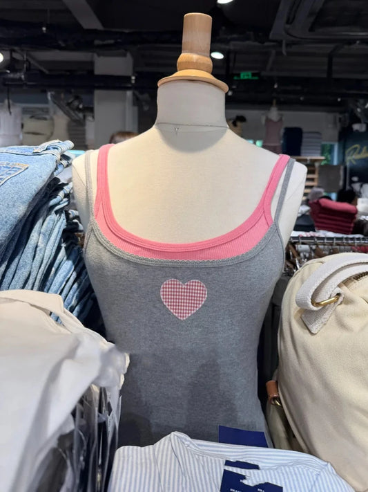 Heart Embroidery Tank Top for Women Summer Gray Cotton Lace Trim Sleeveless Camisole Cute Sweet Preppy Style Tops Y2K Tshirt