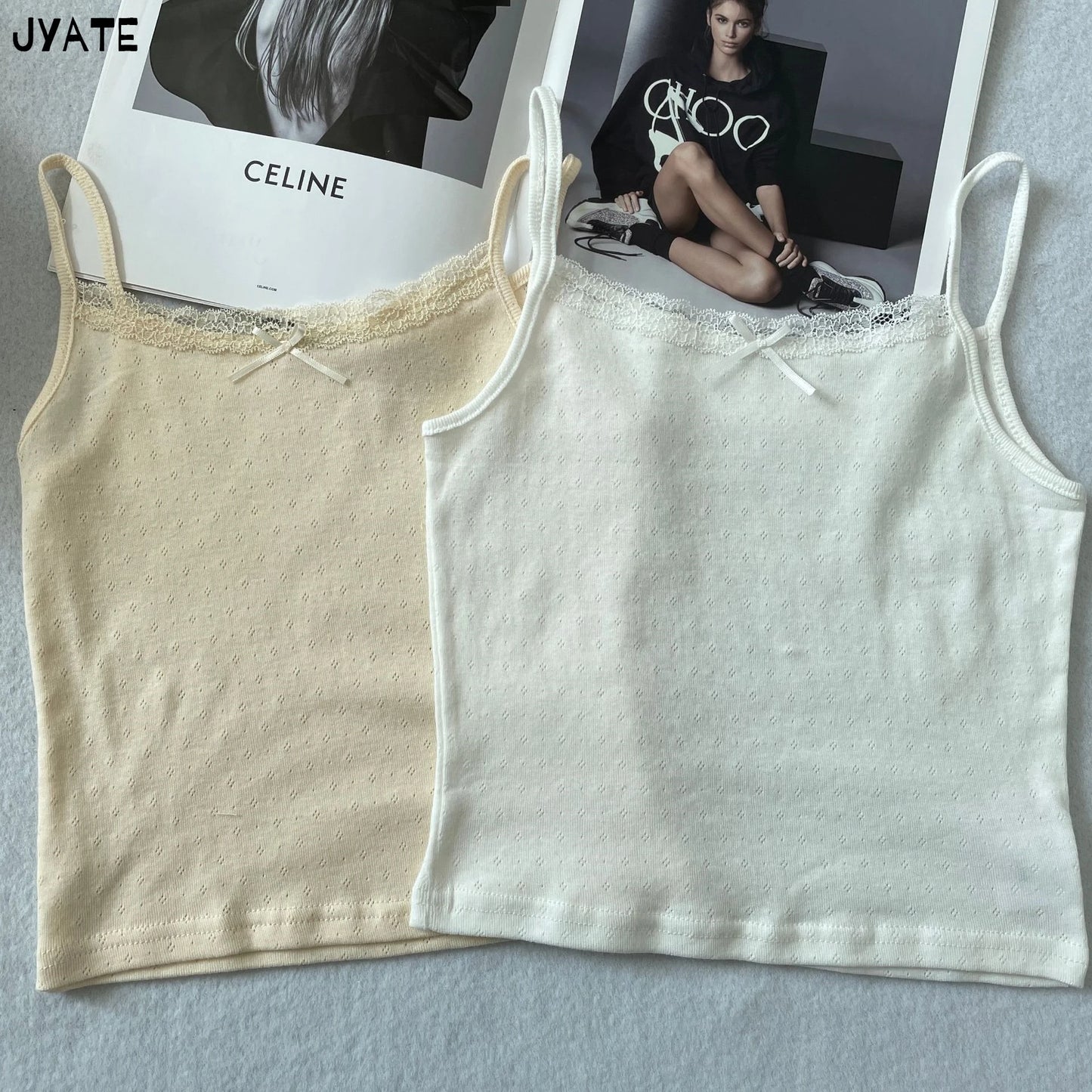 Hollow Out Lace Trim Camisole Women Summer New Cotton Soft Slim Bow Solid Sleeveless Vests Sweet Cute Preppy Style Tank Tops Y2K