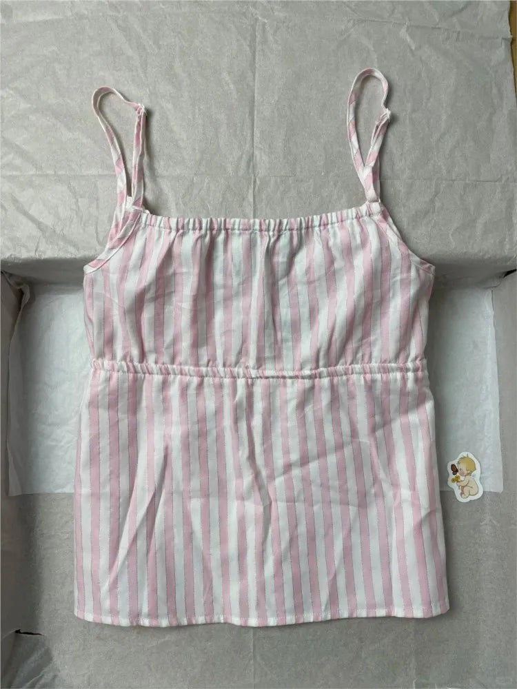 Pink Striped Lace-up Tank Tops Women Summer Cotton Lace Trim Slim Buttons Strapless Vests Female Sweet Cute Preppy Camisole Y2K