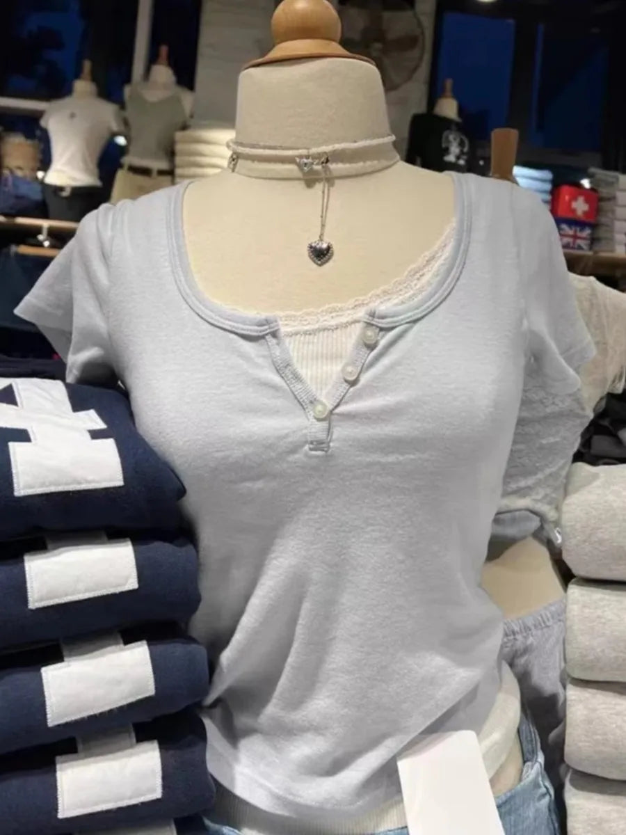 Blue Three Buttons Slim Crop Top Women Casual O-neck Cotton Short Sleeve T Shirt Grils Vintage Sweet Preppy Style Basic T-shirts