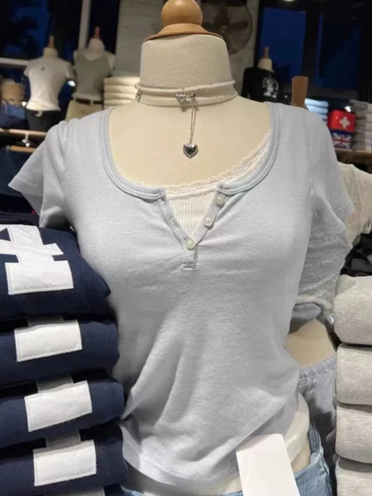 Blue Three Buttons Slim Crop Top Women Casual O-neck Cotton Short Sleeve T Shirt Grils Vintage Sweet Preppy Style Basic T-shirts