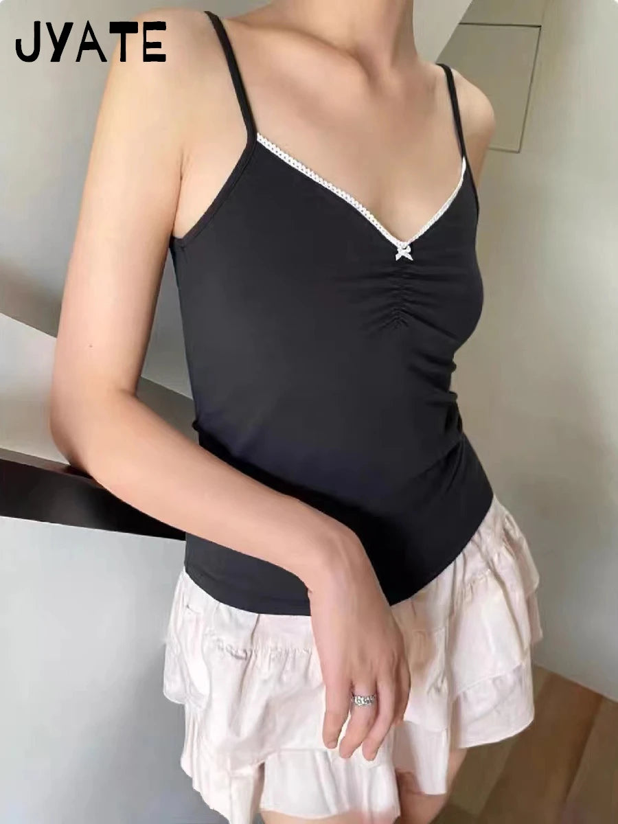Lace Trim V-neck Folds Camisole Women Summer New Black Cotton Slim Bow Cropped Sleeveless Vests Vintage Sexy Sweet Tank Tops Y2K