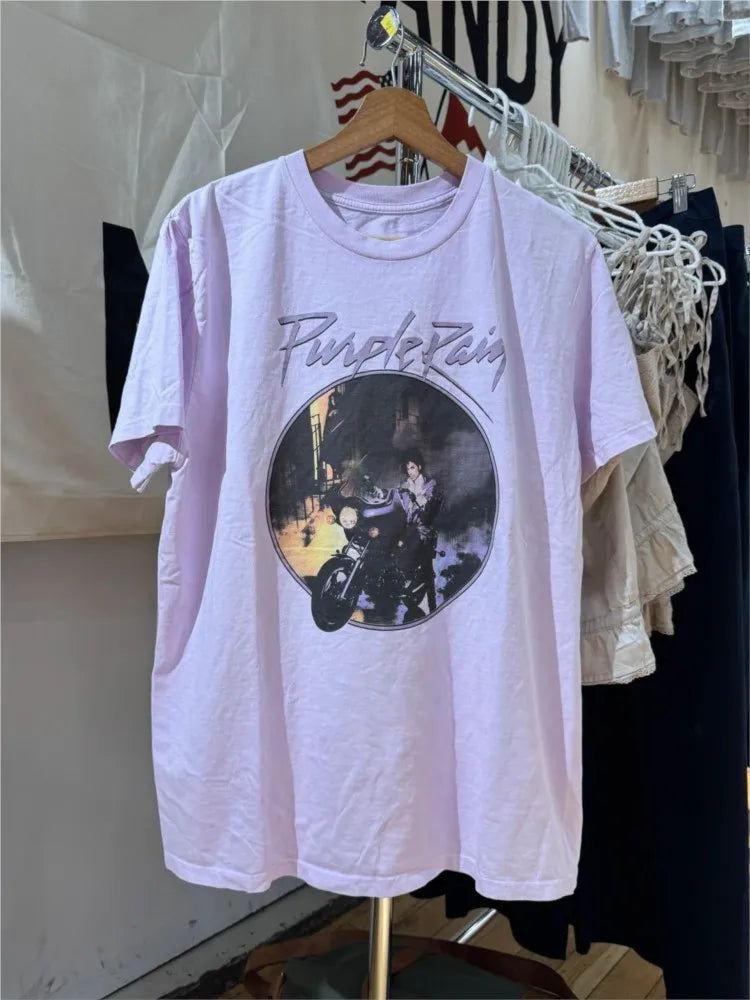 Purple Harley Motorcycle Print T-shirts Women Summer Casual Cotton O-neck Short Sleeve Tees Vintage Streetwear Chic Tee Y2K Tops