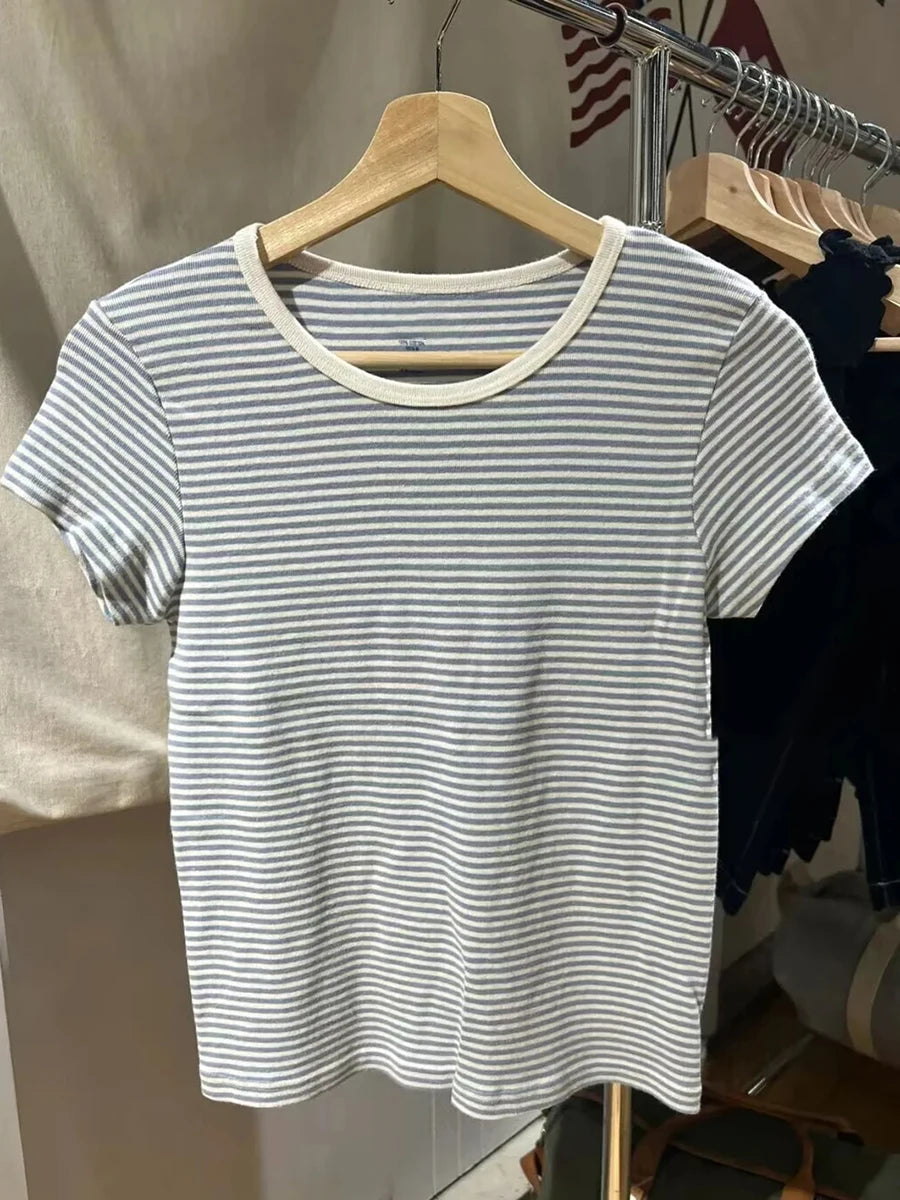 Sweet Pink Striped Slim T-shirt Women Spring Round Neck Cotton Short Sleeve Tee Shirts Female Cute Preppy Style Y2K T shirts New