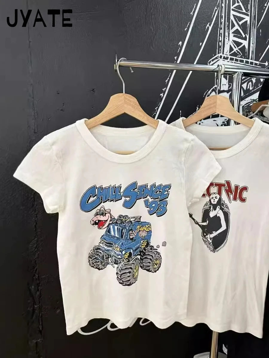 Cute Dinosaur Car Print O-neck T-shirts Women New Casual Cotton Soft Preppy Style Short Sleeve Tee Streetwear Vintage Sweet Tops