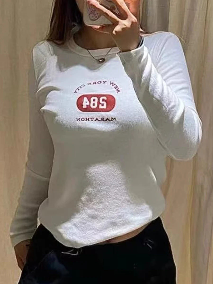 Fashion Letter Print Long Sleeve Tees Women Autumn Cotton Casual Slim Solid Simple T-shirts Streetwear Vintage American Y2K Tops