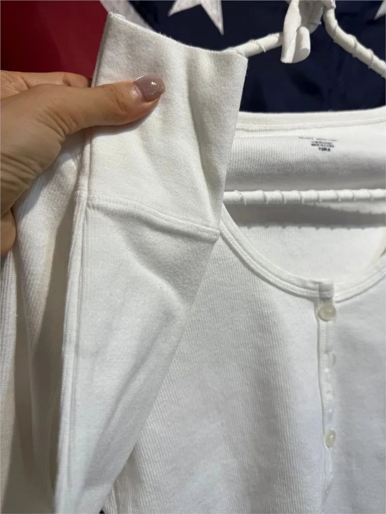 Simple White Ribbed Slim Long Sleeve T-shirts Women Autumn Six Buttons O-Neck Cotton Tshirts Tops  All-match Tees Shirt Clothes