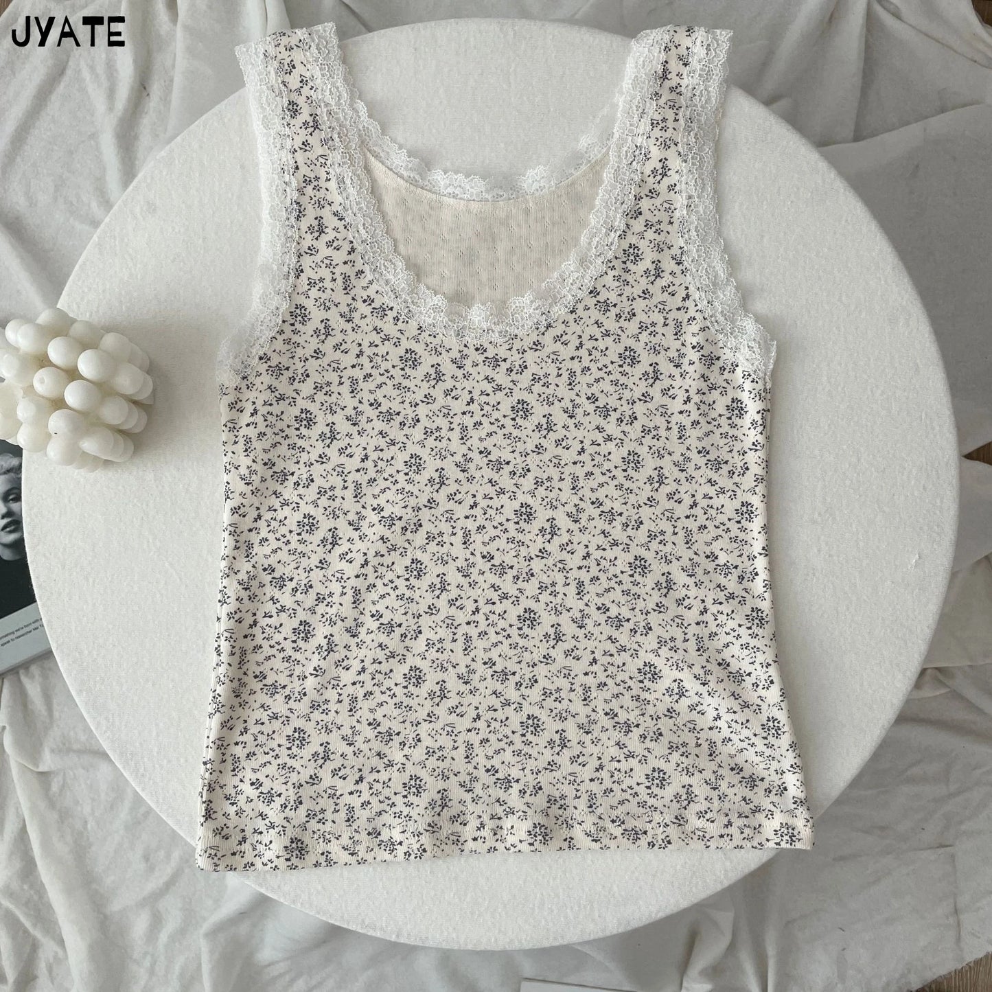 Floral Print Lace Trim Tank Tops Women Summer Cotton Casual Simple U-neck Sleeveless Slim Vests Vintage Sweet Cute Crop Top Y2K