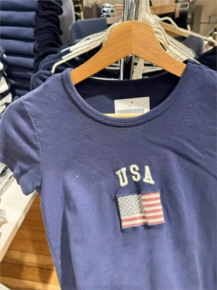 Vintage Flag Embroidery Slim T-shirt Women Summer Navy Cotton O-neck Short Sleeve Tee Shirts Cute Preppy Style Tshirt Y2K Tops