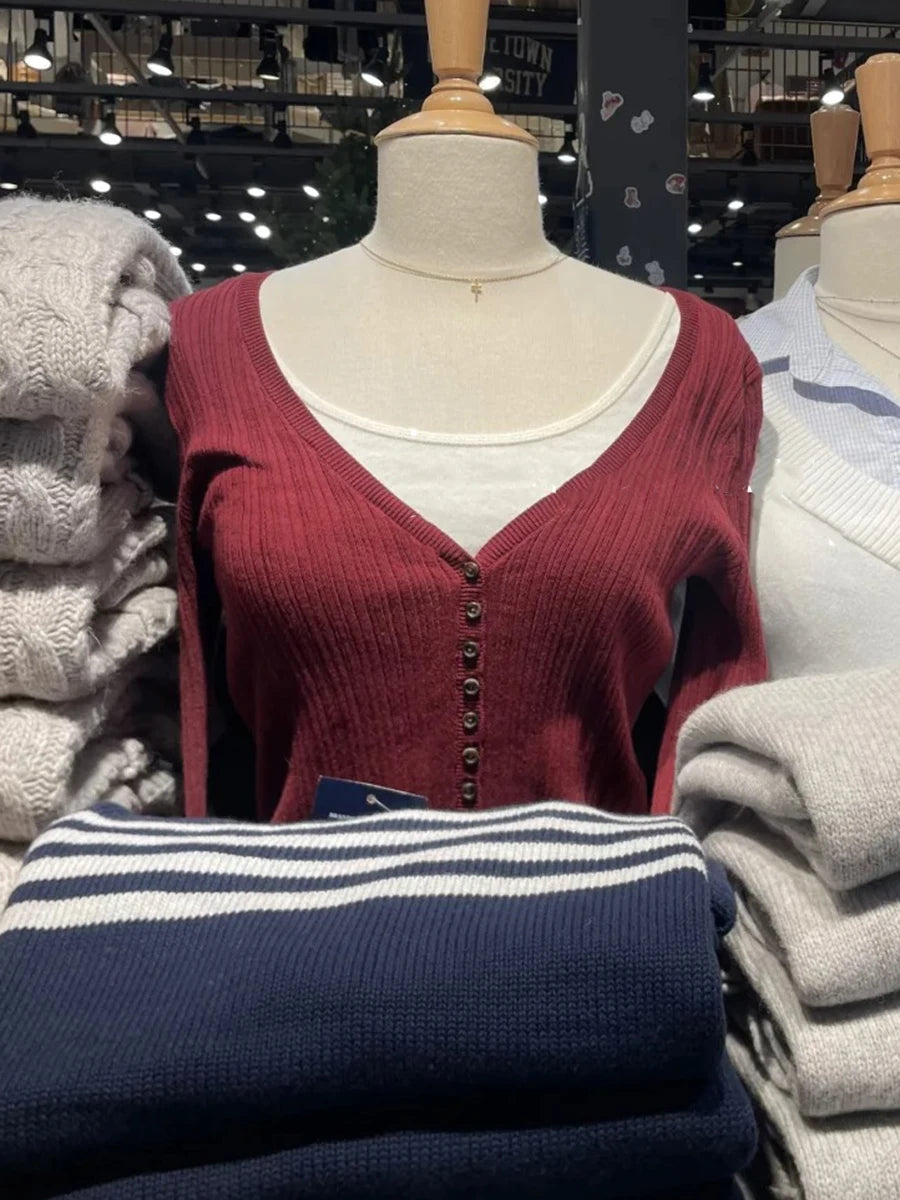 Red Knit Buttons T-shirts Women Spring Sexy V-neck Button Cotton Slim Long Sleeve Tees Sweet Cute Preppy Style T Shirt Y2K