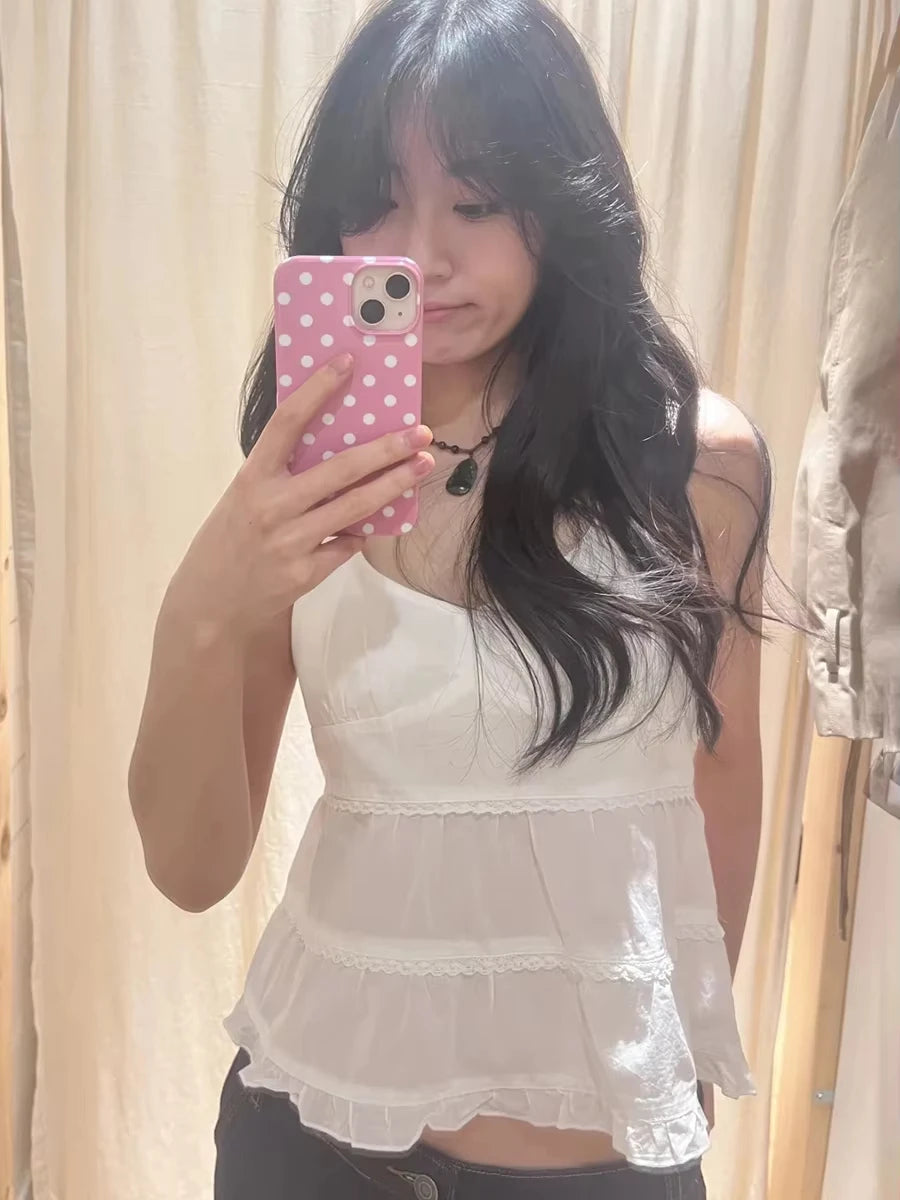 Lace Ruffles White Halter Tops Woman Summer Simple V-neck Sleeveless Cotton Cropped Camisole Cute Sweet Backless Slim Crop Top