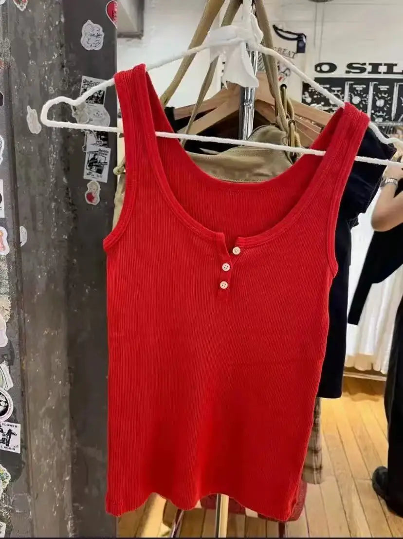 Ribbed Button Tank Tops Women Summer Casual Streetwear Slim Cotton Sleeveless Vests Female Vintage Simple Basic Vest Y2K