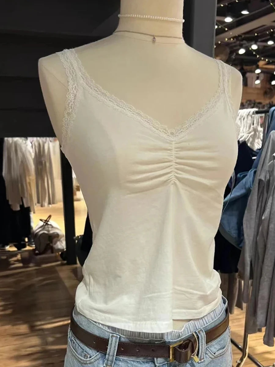 Sweet Folds Lace Trim Solid Tank Top Female Summer New Casual Streetwear Cotton Sleeveless Vests Ladies Vintage Chic Camis Y2K