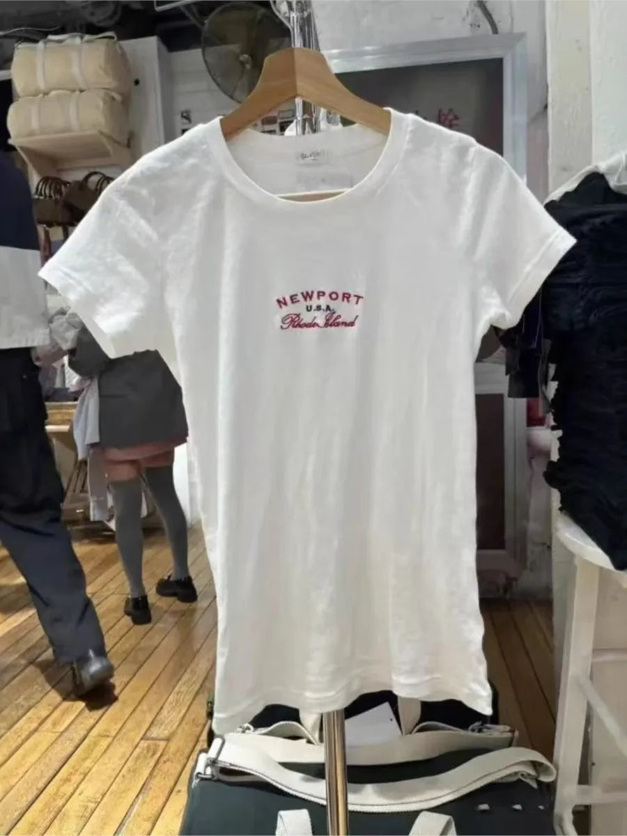 Vintage Red Letter Flag Embroidery Cotton T-shirt Women O-neck Summer Short Sleeve Tee Shirt American Slim Casual Crop Y2K Top