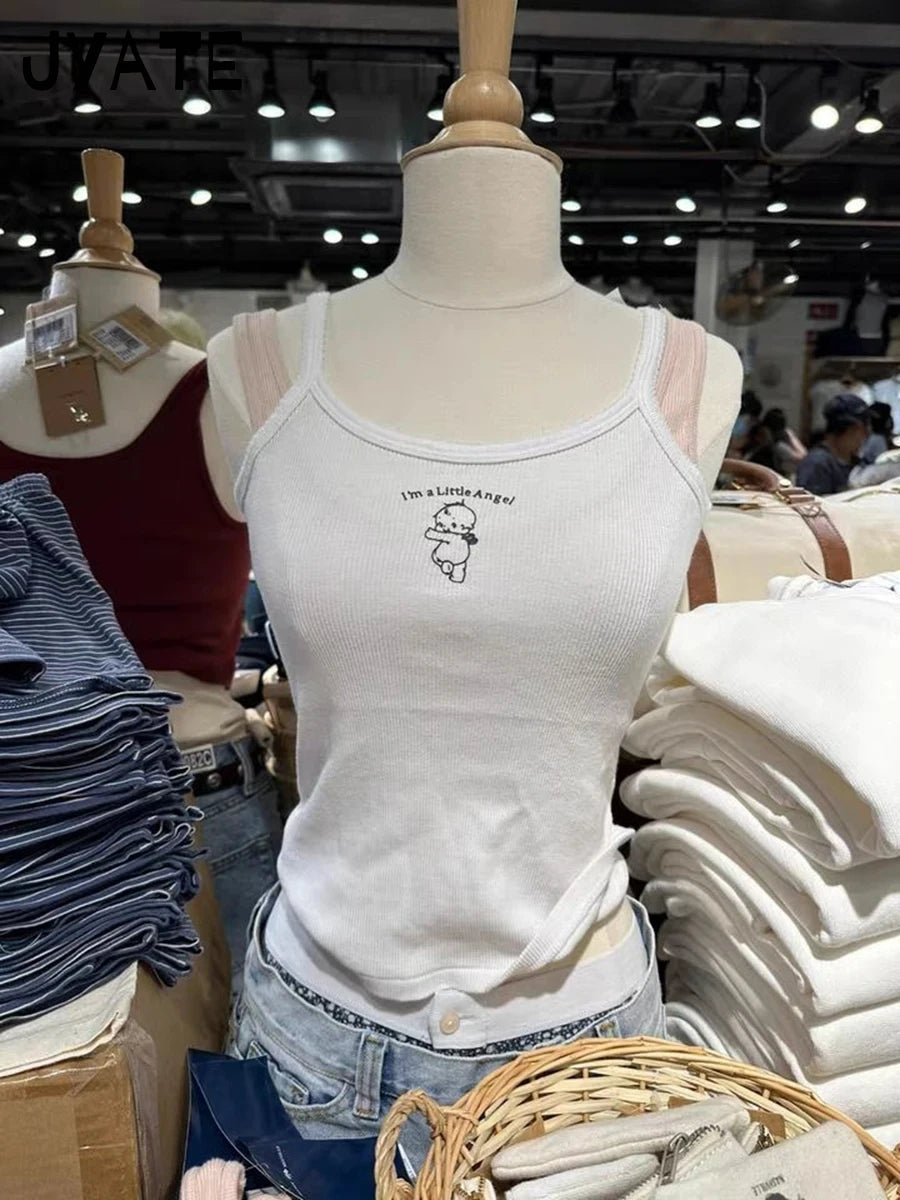Cute Angel Print Ribbed Camisole Women New Cotton Casual Lace Trim Sleeveless Cropped Vest Girl Sweet Preppy Style Tank Tops Y2K
