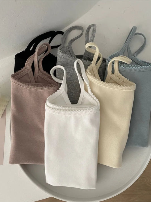 Basic Lace Trim Slim Tank Top Women Summer Casual Sleeveless Cotton Slim U collar Camisole Sweet Cute All-match Vest Tops Y2K