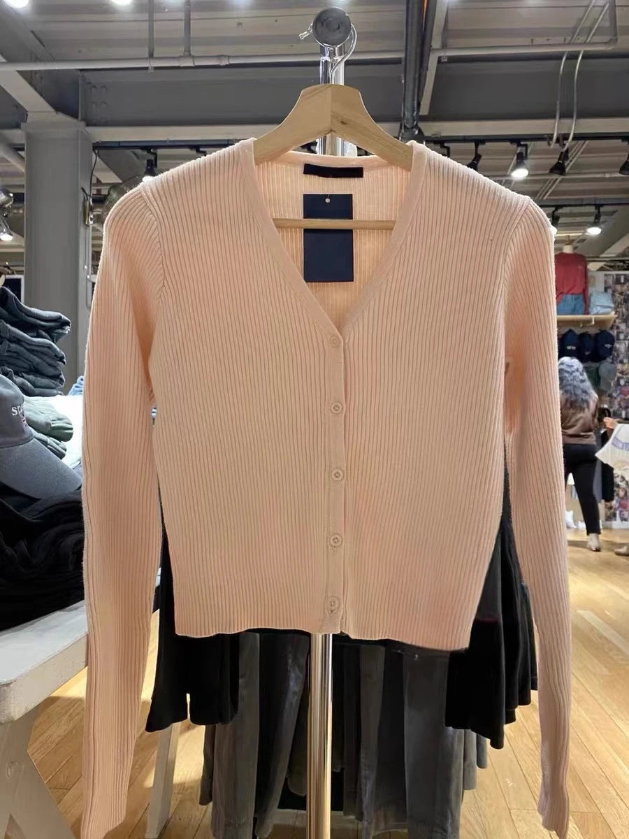 Pink Ribbed V-neck Sweater Coat Women Autumn Cotton Buttons Slim Basic Short Cardigan Vintage Sweet Cute Chic Y2K Jumpers Tops