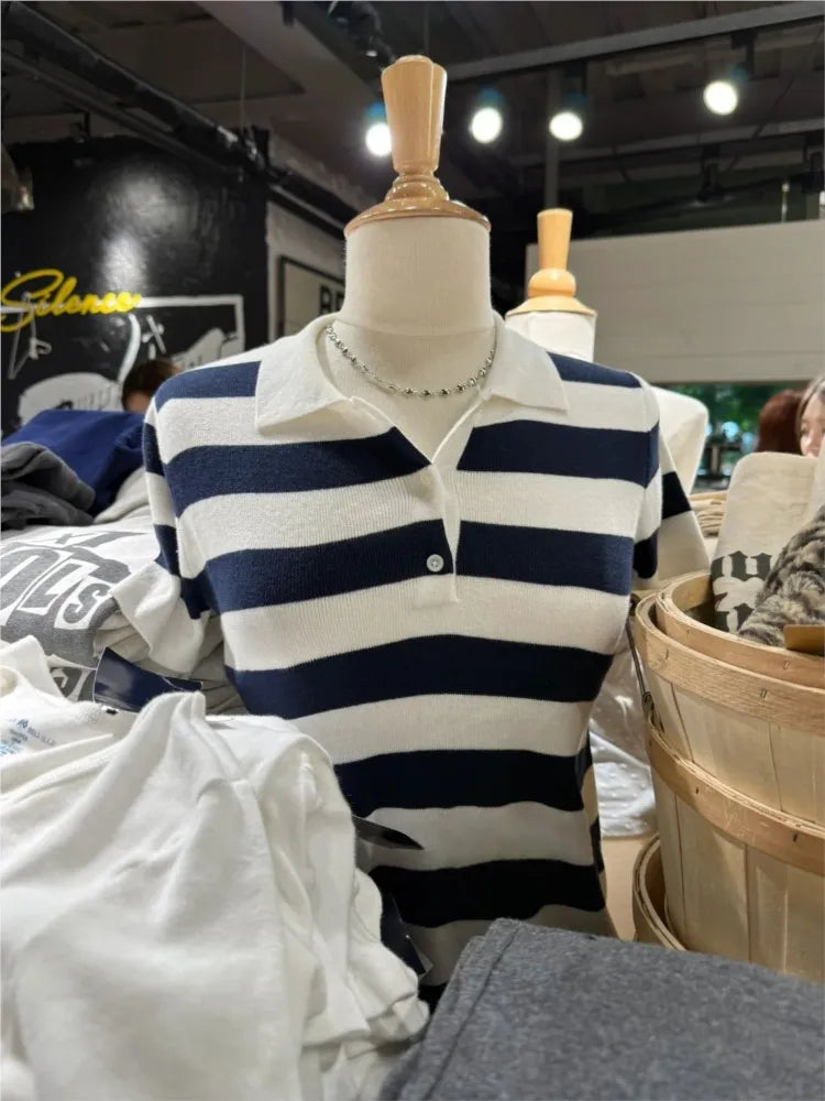Vintage Striped Knitted Slim T-shirt Women Buttons Turn-down Collar Short Sleeve Tees Preppy Style Cotton Sweet Y2K Tshirts Tops