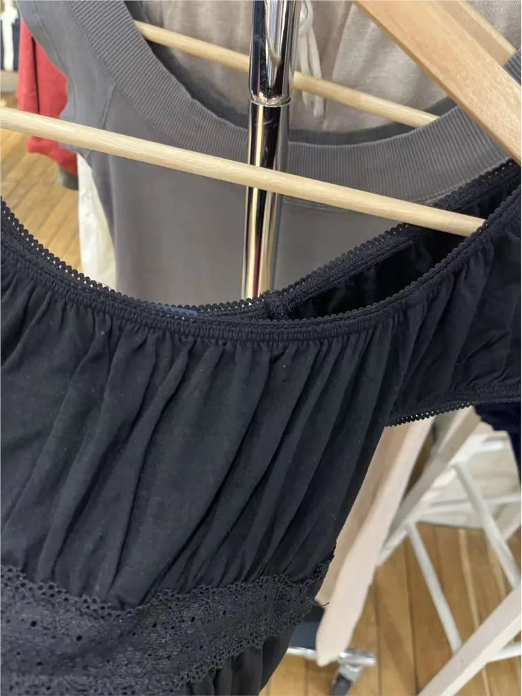 Black Lace Trim Babydoll Top Women Summer New Y2K Casual Slim Lace-up Square Collar Tee Tops Sweet Vintage Preppy Style T-shirts