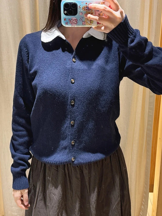 Babydoll Top Navy Cardigan Women Autumn New Lace Trim Collar Cotton Buttons Knitted Jumper Sweet Cute Preppy Style Sweater Y2K
