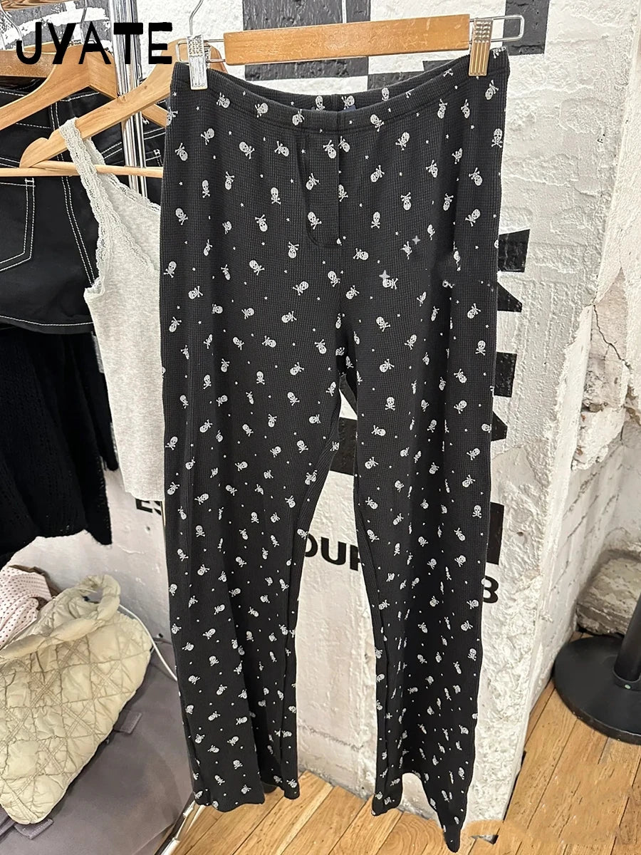Harajuku Black Skulls Print Waffle Long Pants Women New Casual Elastic High Waist Straight Pant Vintage Preppy Chic Trousers Y2K