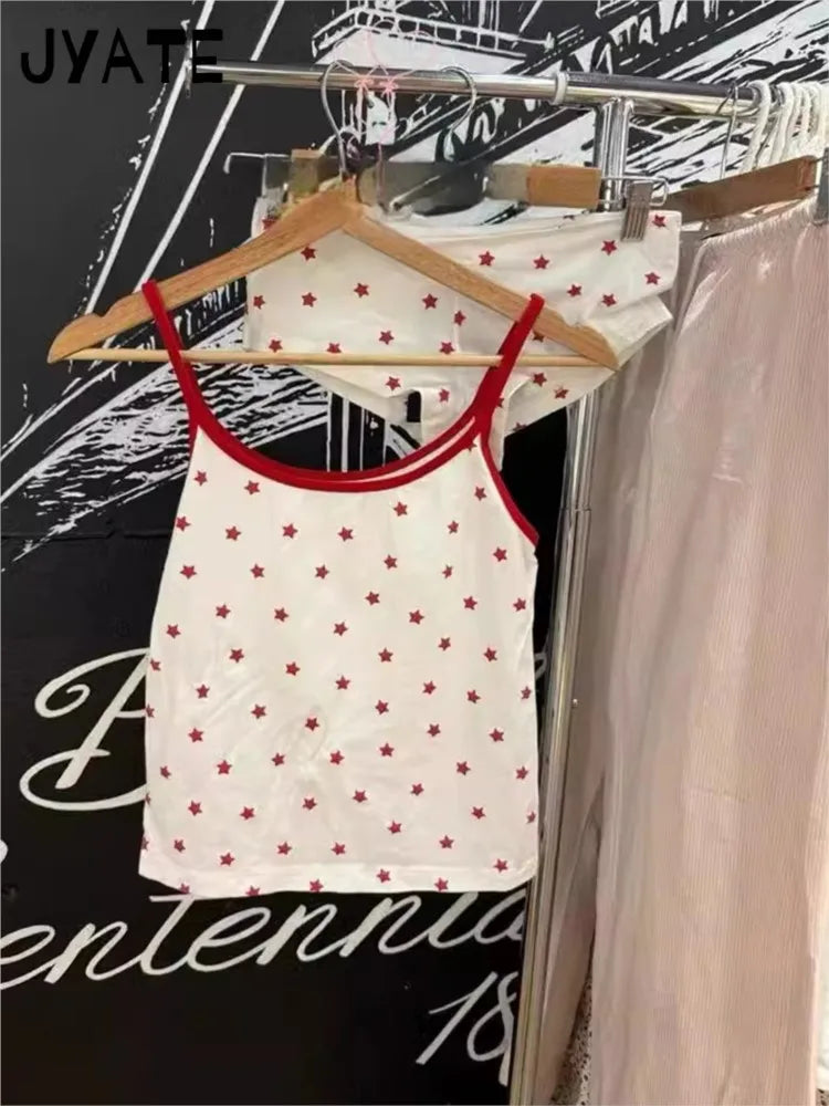 Sweet Red Stars Print Sleeveless Vests Women Summer New Cotton Casual Slim Preppy Style Tank Tops Cute Streetwear Vintage Camis