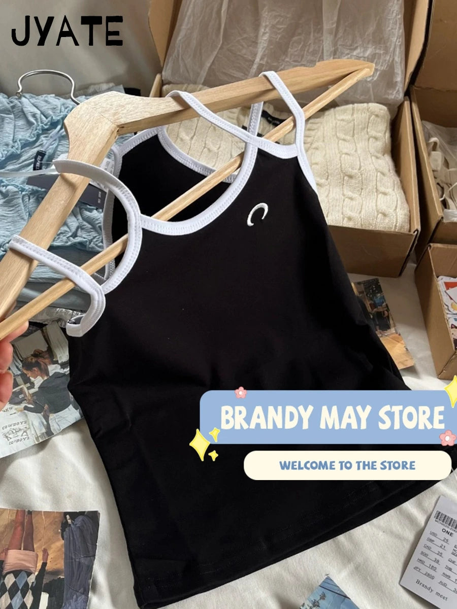 Fashion Moon Embroidery Tank Tops Women New Patchwork Black Slim Preppy Style Sleeveless Vest Harajuku Vintage Chic Camisole Y2K