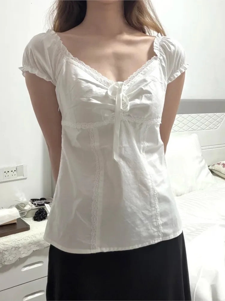 White Lace Trim Tie T-shirts Women Simple Fairy Style Square Neck Cotton Short Sleeve Tees Female Sweet Cute Ballet T Shirt Y2K