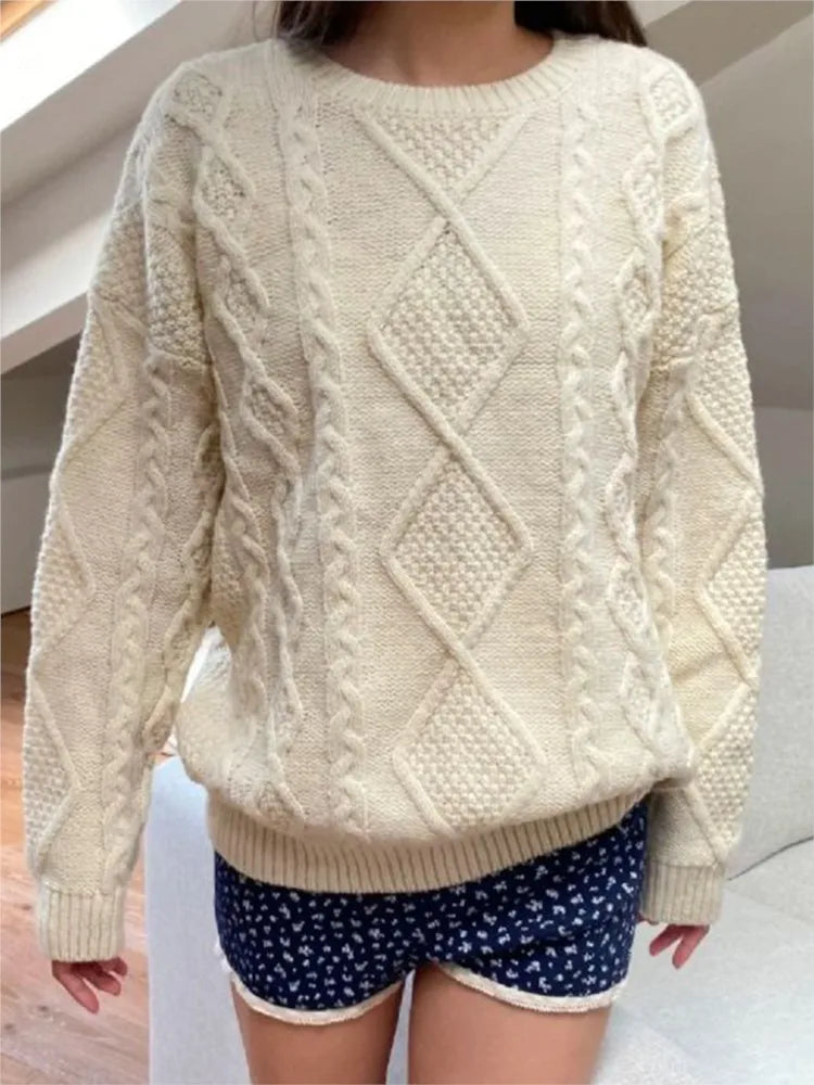 Sweet Beige Twist Flower Knit Sweater Woman Autumn Round Neck Long Sleeve Jumper Casual All-match Pullover Preppy Style Sweaters