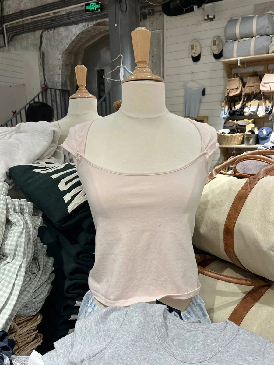 New Sweet Pink Cotton Crimping Short Sleeve Tees Women Summer Casual Simple Square Collar Crop Tops Vintage Basic Y2K T-shirts