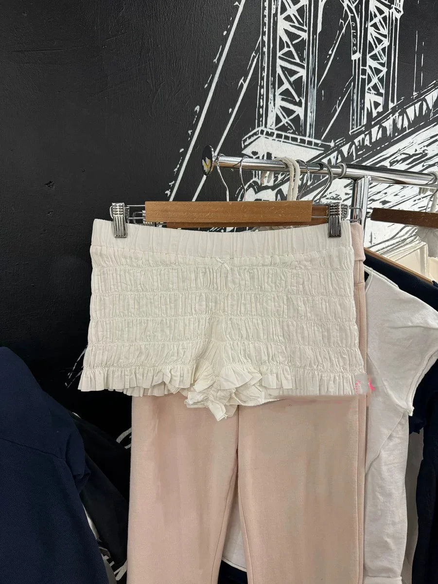 Sweet Folds Ruffles Straight Shorts Women Summer New Bow Elastic Low Waist Short Pants Cute Preppy Style Balletcore Bottoms Y2K