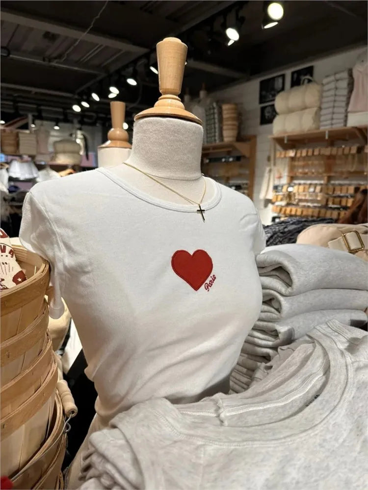 Red Heart Embroidery T-shirts Women Summer Cotton O-neck Casual Preppy Style Short Sleeve Tees Vintage Cute Sweet  Tops Y2K