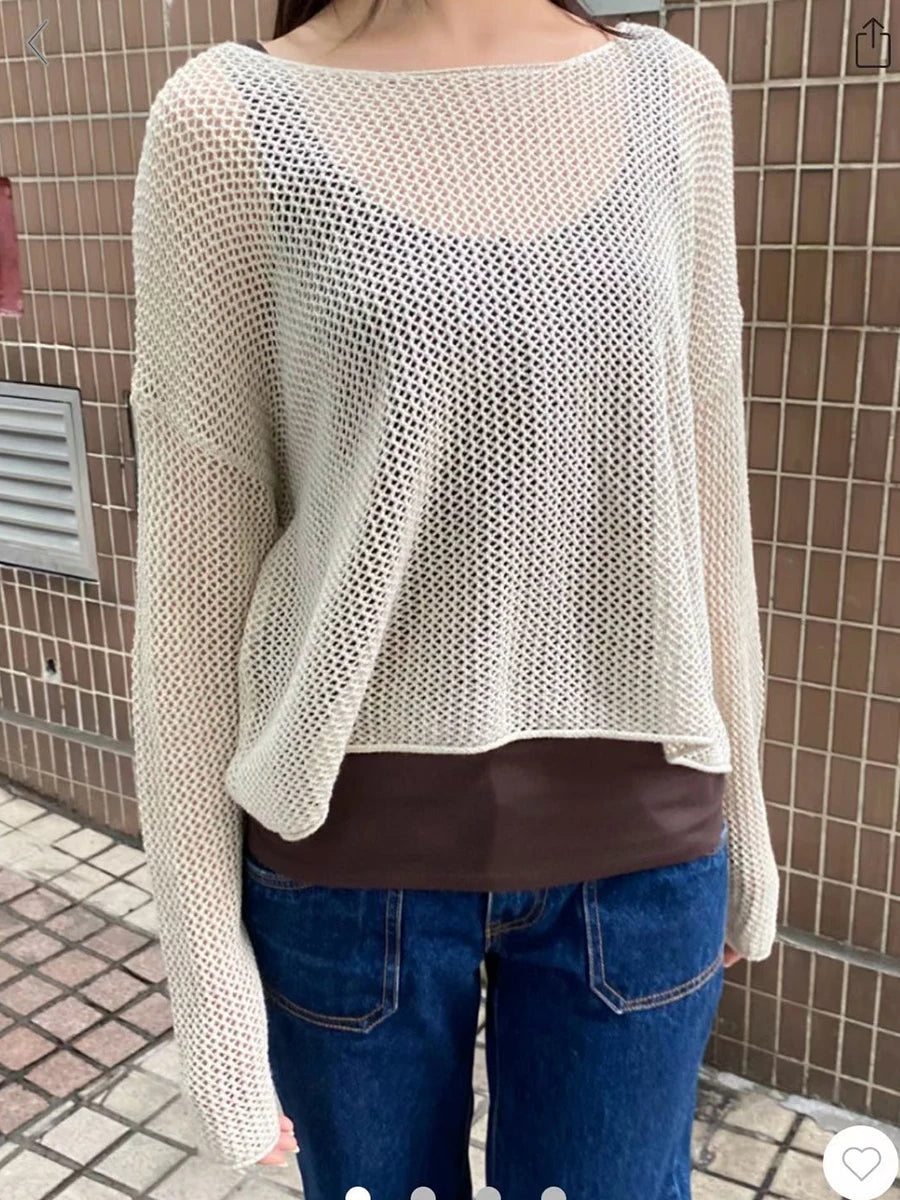 Blue Hollow Out Smock Tees Women Summer Casual Streetwear Cotton Slash Neck Crop Tops Vintage Chic Preppy Style T-shirts Y2K