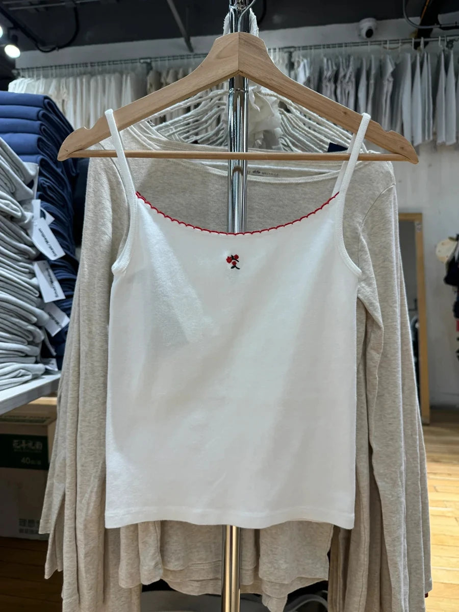 Cute Girls and Cats Embroidery Tank Top for Women Summer Cotton Lace Trim Sleeveless Camisole Sweet Preppy Style Top T shirt Y2K