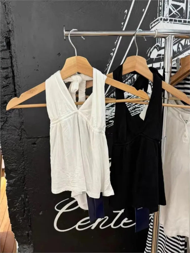 Black Sexy Lace-up Halter Slim Crop Top Woman Summer Cotton Deep V-neck Backless Sleeveless Vests Casual Simple Y2K Camisole New