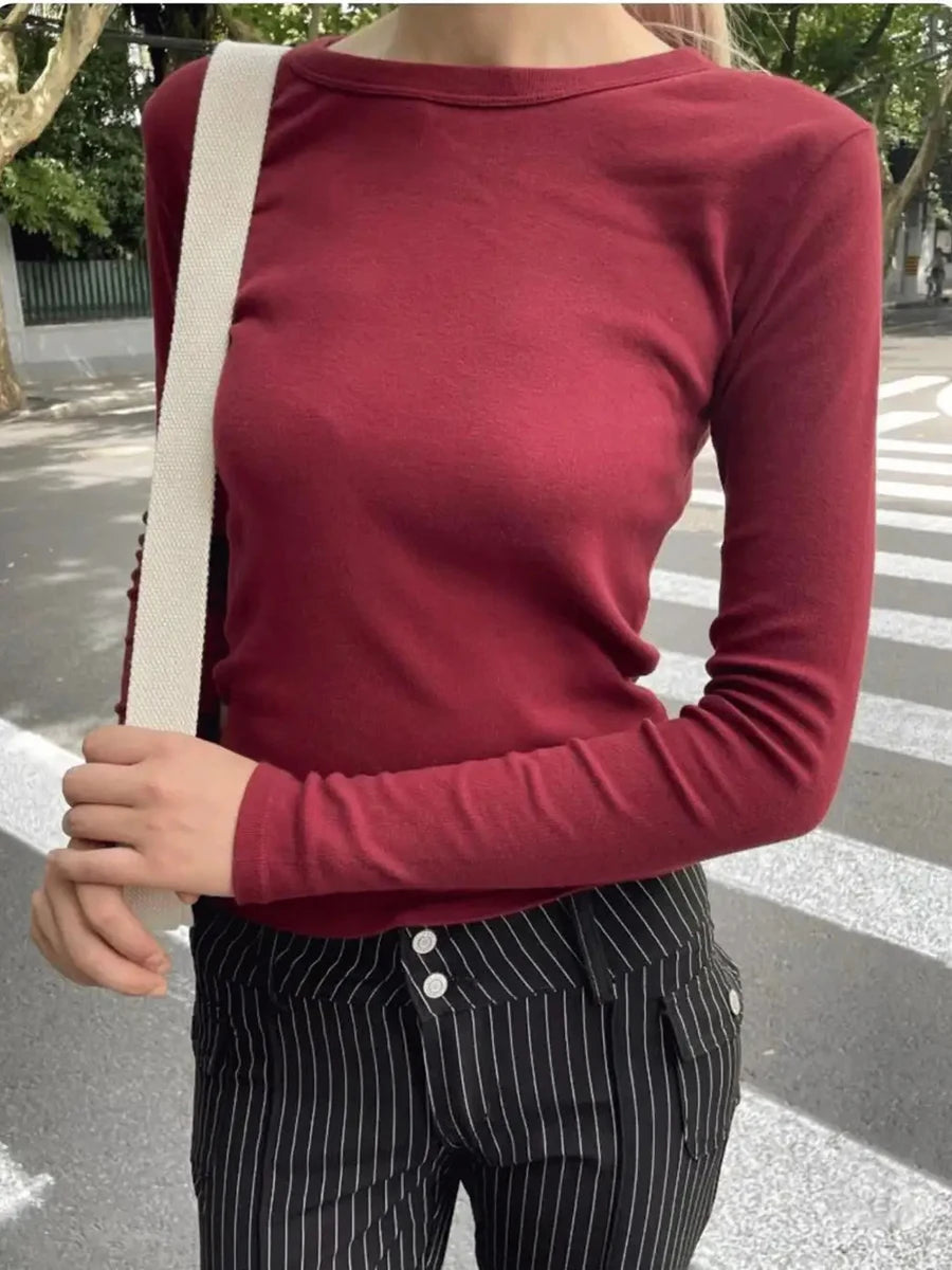 Army Green Long Sleeve Tees Women Autumn Simple Chic O-neck Slim Cotton Basic Tee Clothes Streetwear Vintage Casual T-shirts Y2K