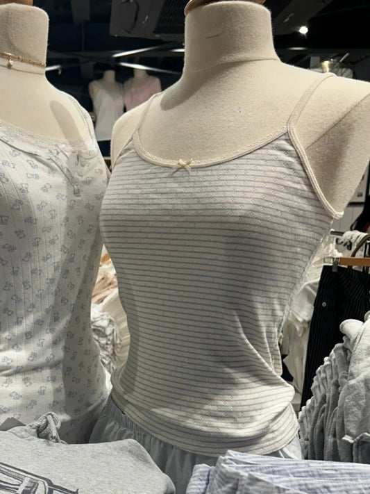 Blue Striped Eyelet Tank Tops Women Summer Y2K Cotton Soft Bow Lace Trim Sleeveless Vests Sweet Cute Preppy Style Camisole New