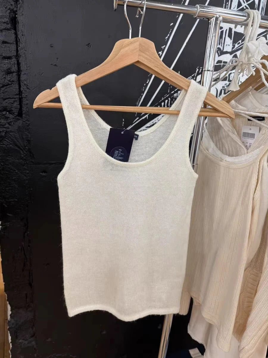 Beige Knitted Thin Smock Tank Top Women Summer Sweet Sleeveless Slim Female Casual Vest Preppy Style Simple Basic Crop Tops New