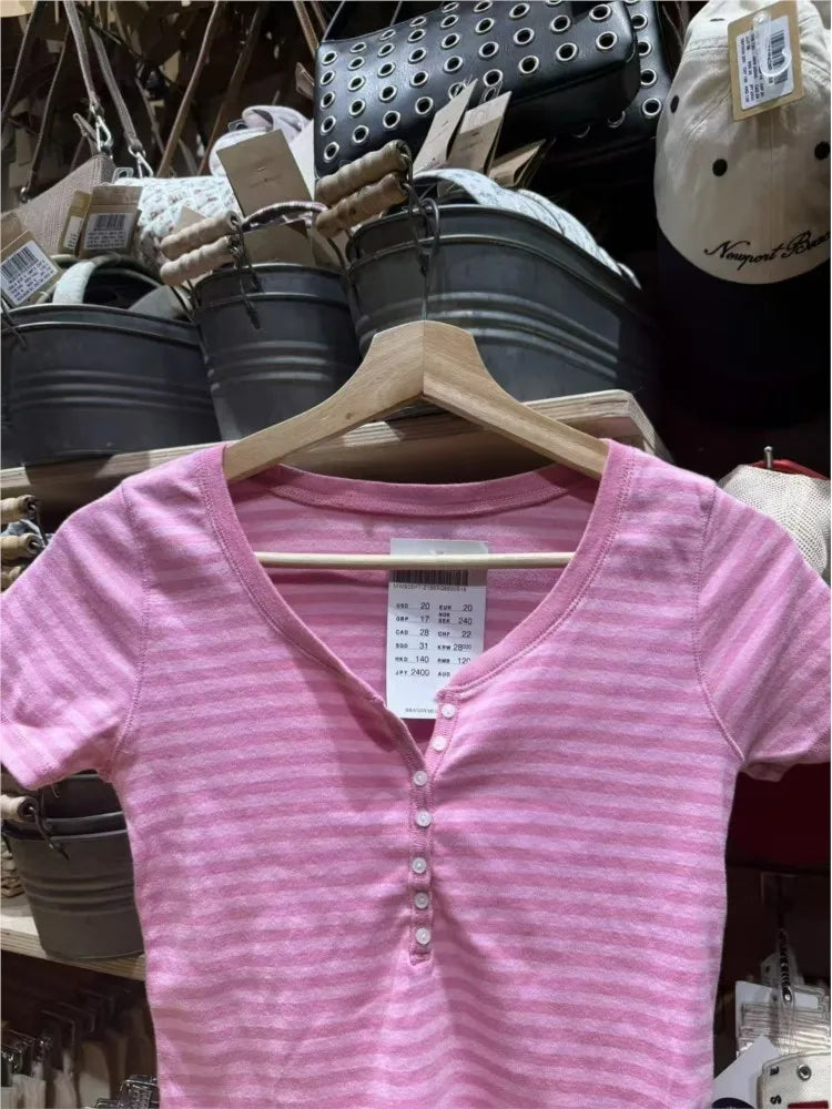 Pink Striped Buttons T-shirts Women Summer Cotton O-neck Casual Simple Short Sleeve Tees Sweet Cute Preppy Style Tshirt Y2K Top