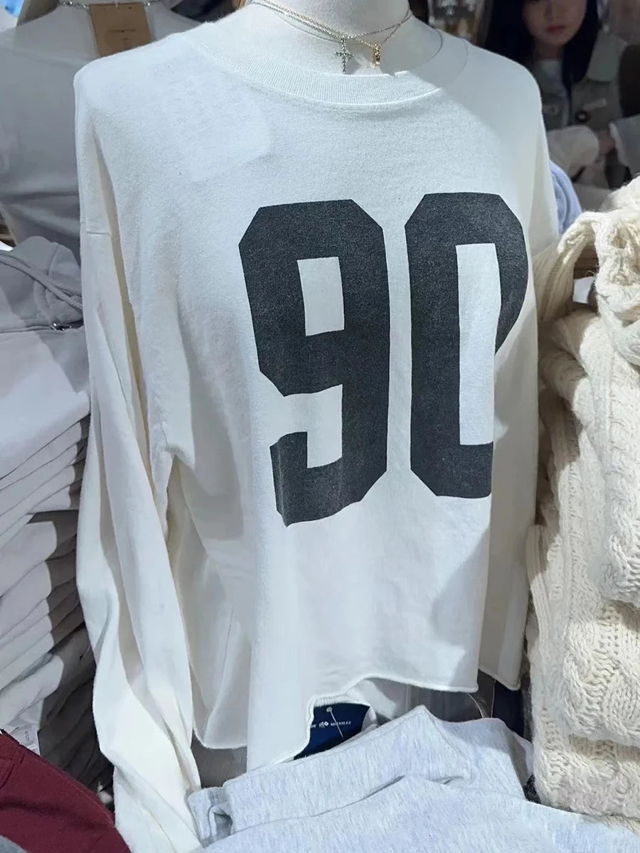 Waffle Letter Print Loose Long Sleeve Tees Women New Cotton White Raw Hem O-neck Tops Female Fashion Vintage Chic Y2K T-shirts