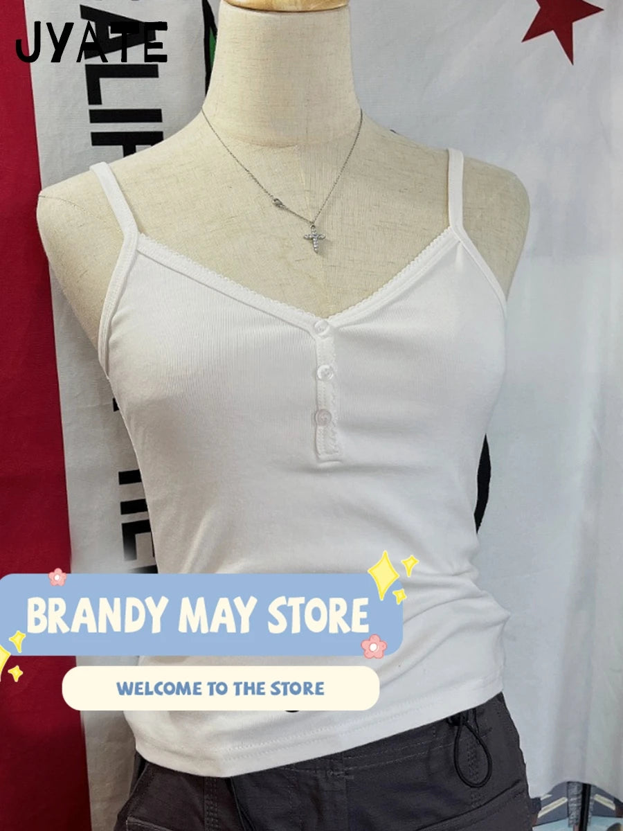 Basic White Lace Trim V-neck Tank Tops Women Summer New Cotton Casual Buttons Sleeveless Vests Vintage Chic Sweet Camisole Y2K