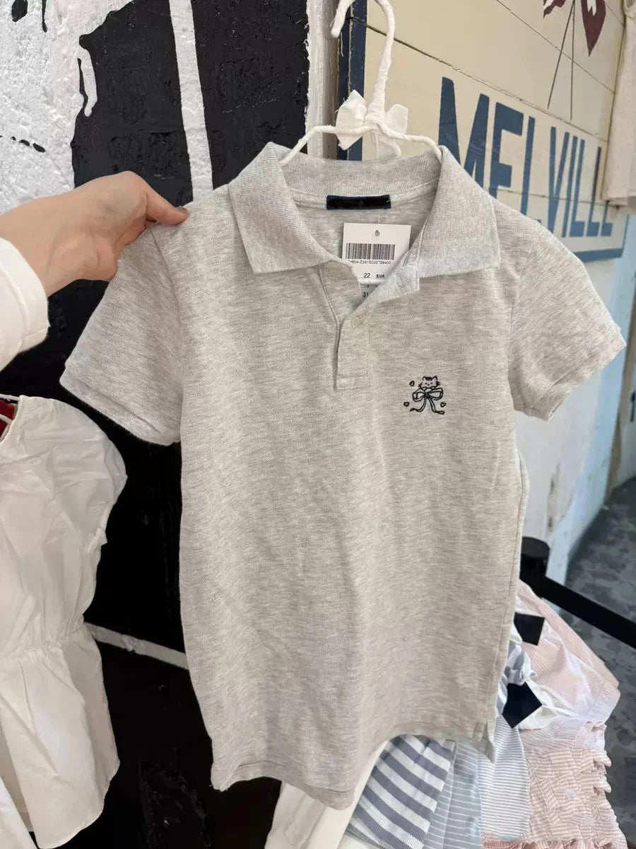 Bow Cat Embroidery Polo T-shirt Women Summer Gray Cotton Turn Down Collar Short Sleeve Tees Vintage Sweet Preppy Style T Shirt