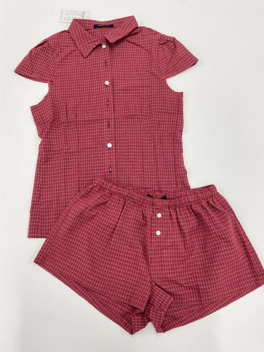 Vintage Red Plaid Blouse T-shirt Short Set Women Summer Buttons Tee+Straight Sweatshorts Suit Sweet Home Pajama 2 Piece Sets Y2K