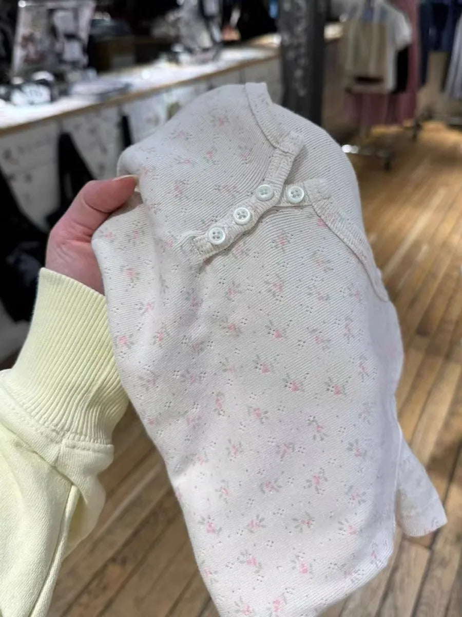 White Eyelet Buttons Slim T-shirts Women New Casual Pink Floral O-neck Short Sleeve Tees Sweet Preppy Style Cute Crop Tops Y2K