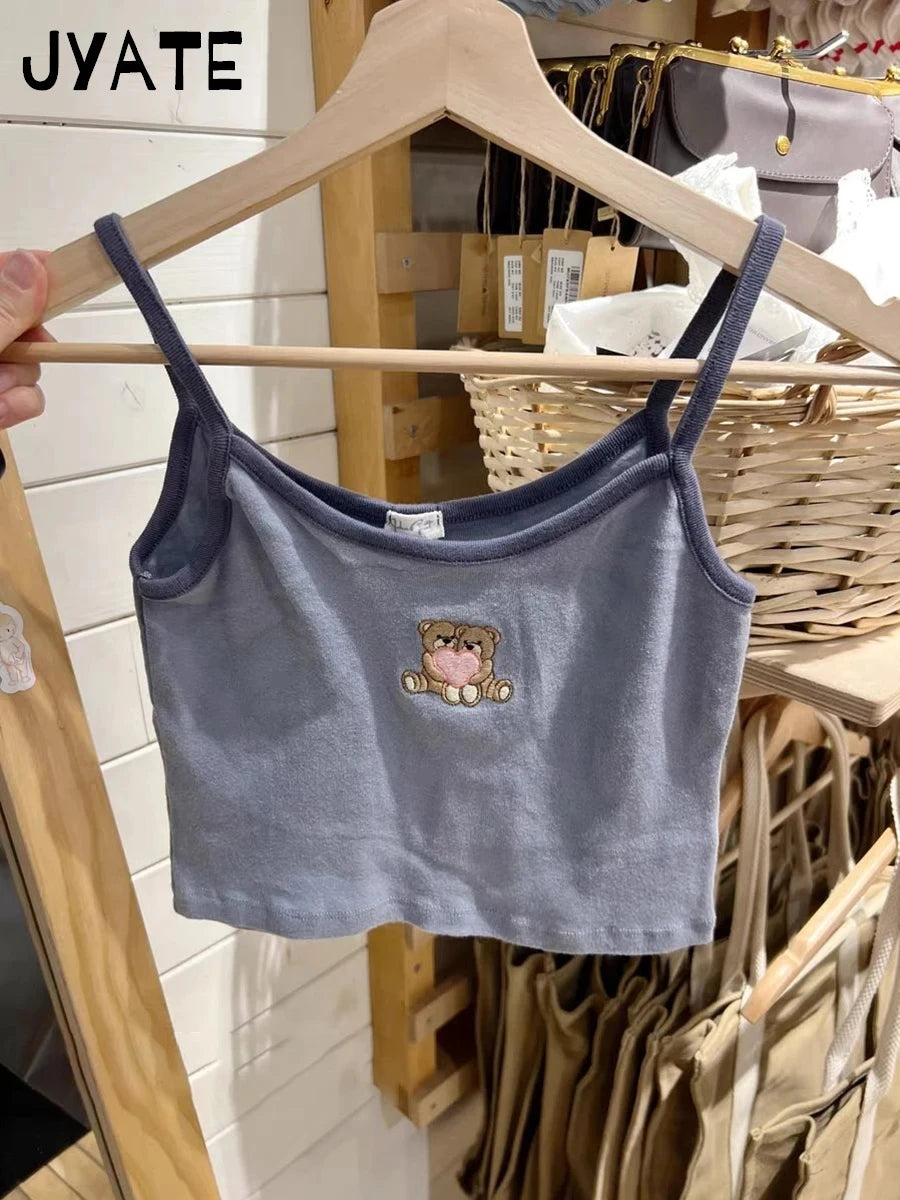 Little Bear Embroidery Blue Patchwork Camisole Women New Preppy Style Casual Slim Sleeveless Vests Vintage Sweet Cute Tank Tops