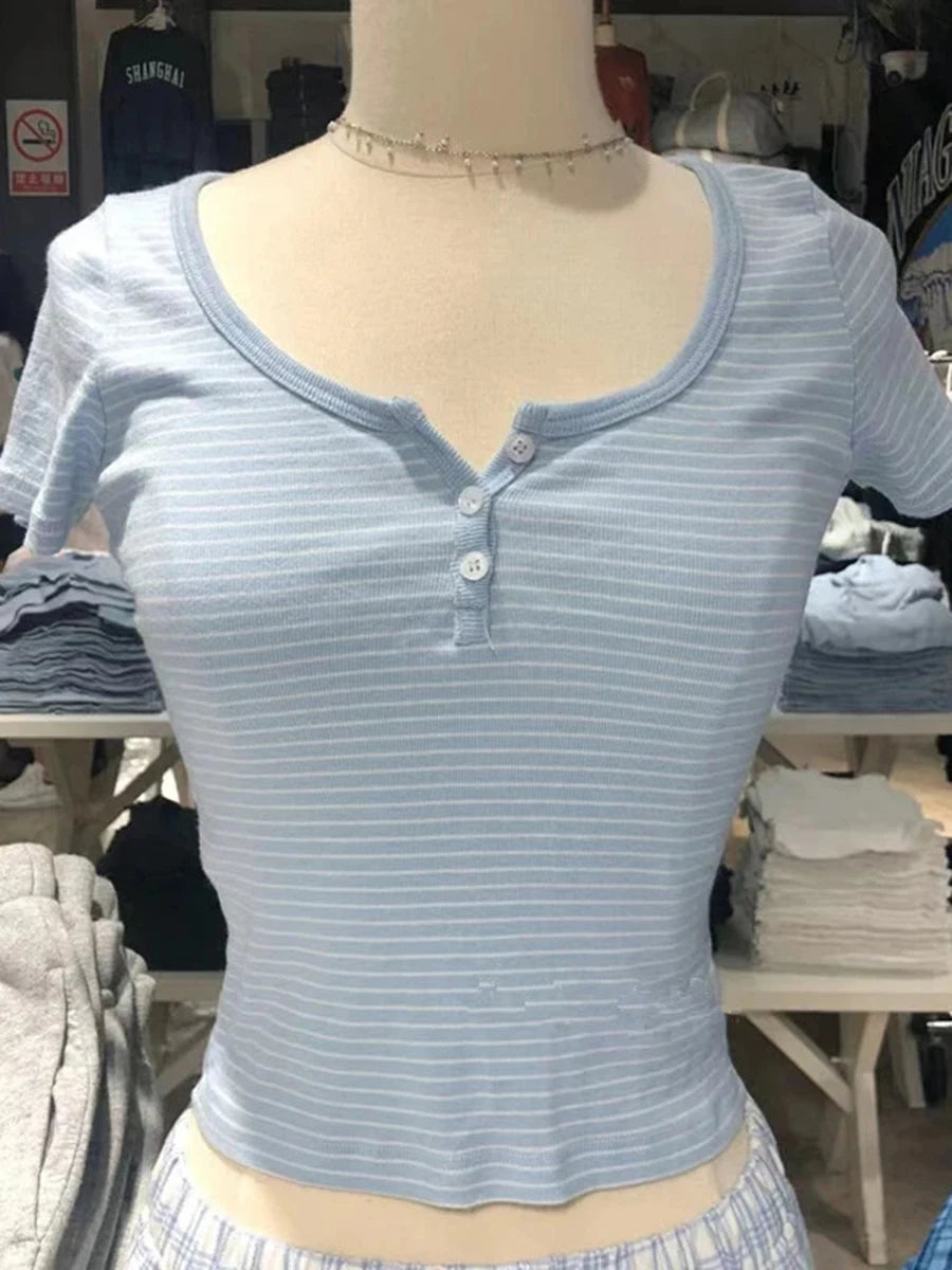Pink Striped Slim Buttons T-shirts Women New Cotton O-neck Casual Simple Basic Short Sleeve Tees Sweet Cute Girls Tshirt Y2K Top