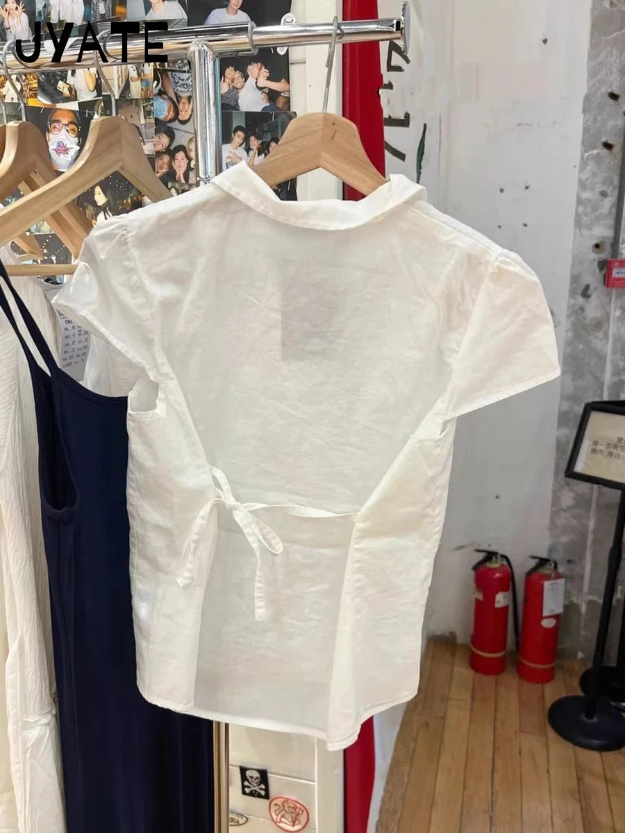 White Back Lace-up Blouse T-shirts Women Summer Casual Preppy Peter Pan Collar Short Sleeve Tees Cute Sweet Slim Y2K Crop Tops